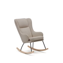 Fauteuil à bascule Maustin chenille beige et structure en acier noir et bois de hêtre