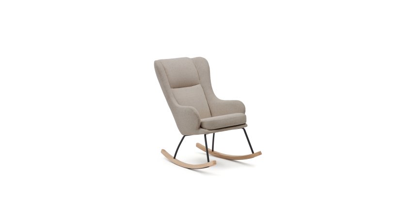 Fauteuil à bascule Maustin chenille beige et structure en acier noir et bois de hêtre