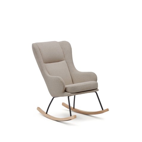 Fauteuil à bascule Maustin chenille beige et structure en acier noir et bois de hêtre