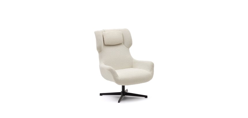 Fauteuil giratoire avec accoudoirs Zalina en bouclette blanche et acier avec finition noire