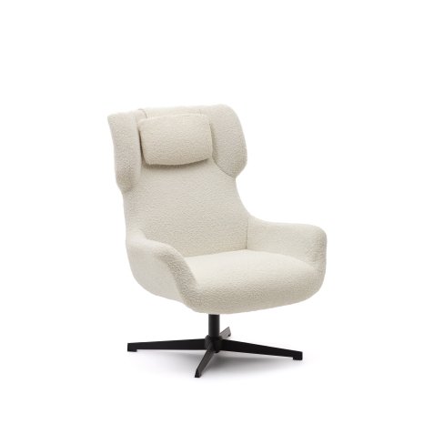 Fauteuil giratoire avec accoudoirs Zalina en bouclette blanche et acier avec finition noire