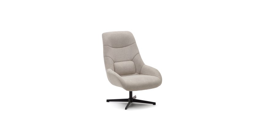 DE_Fauteuil giratoire Celida en chenille beige et acier avec finition noire