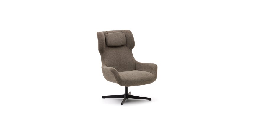 Fauteuil giratoire avec accoudoirs Zalina en chenille marron clair et acier avec finition noire