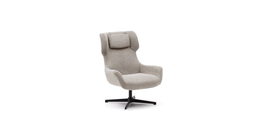 Fauteuil giratoire avec accoudoirs Zalina en chenille beige et acier avec finition noire
