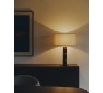 Mavran table lamp with brown and mustard ceramic base and cotton lampshade