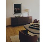 Mavran table lamp with brown and mustard ceramic base and cotton lampshade