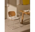 Chaise Meli en placage de frêne avec assise en chenille beige et structure en métal beige