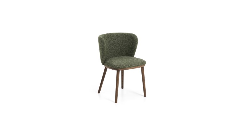 Chaise Ciselia en chenille épaisse vert foncé et pieds en bois de frêne avec finition ton noyer