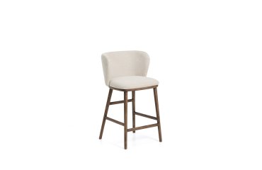 Stool Ciselia in thick beige chenille and legs in ash wood with walnut tone finish 65 cm