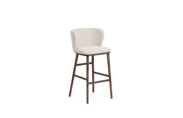 Tabouret Ciselia en chenille épaisse beige et pieds en bois de frêne avec finition ton noyer 75 cm