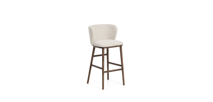Stool Ciselia in thick beige chenille with ash wood legs and walnut tone finish 75 cm