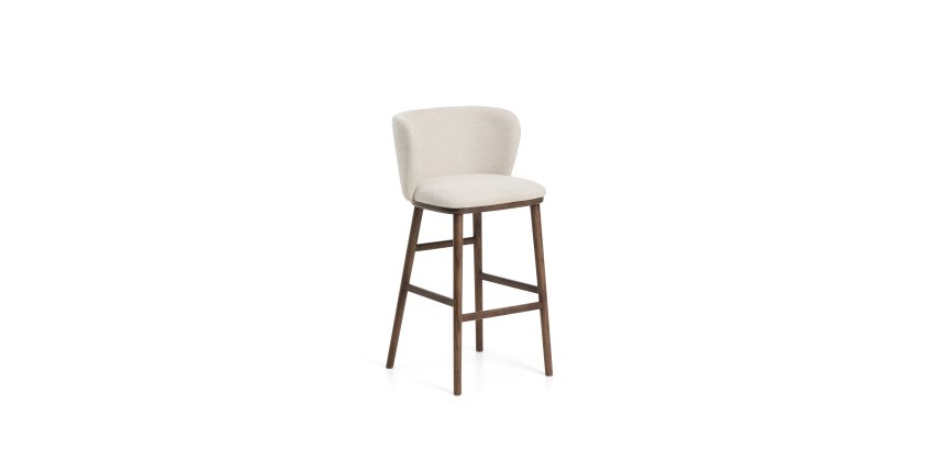 Tabouret Ciselia en chenille épaisse beige et pieds en bois de frêne avec finition ton noyer 75 cm