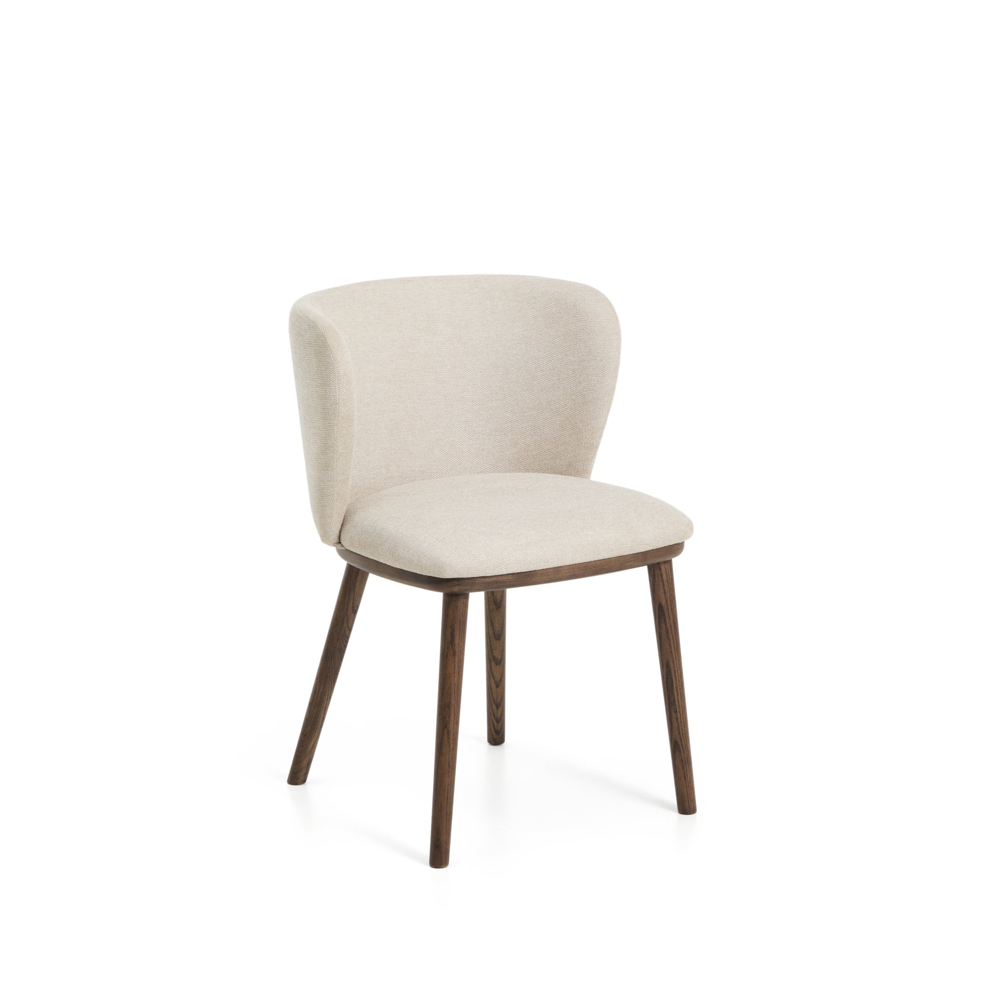 Chaise Ciselia en chenille épaisse beige et pieds en bois de frêne avec finition ton noyer FSC Mix Credit