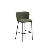 Tabouret Ciselia en chenille épaisse vert foncé et pieds en acier avec finition noire FSC Mix Credit 75 cm
