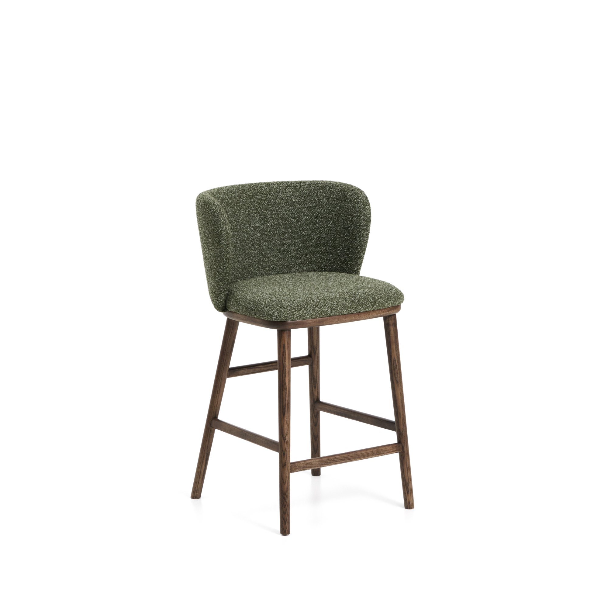 Tabouret Ciselia en chenille épaisse vert foncé et pieds en bois de frêne avec finition ton noyer FSC Mix Credit 65 cm
