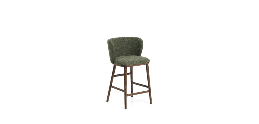 Stool Ciselia in thick dark green chenille and legs in ash wood with a walnut tone finish 65 cm