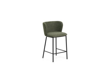 Tabouret Ciselia en chenille épaisse vert foncé et pieds en acier avec finition noire 65 cm