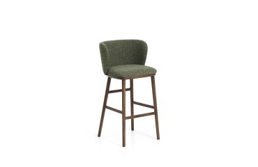Ciselia stool in dark green thick chenille and ash wood legs with walnut tone finish 75 cm
