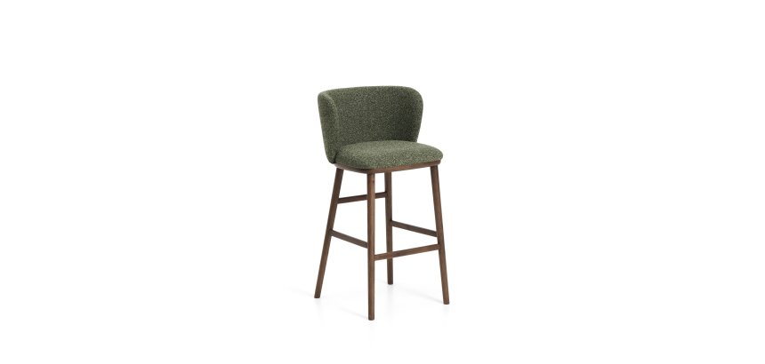 Tabouret Ciselia en chenille épaisse vert foncé et pieds en bois de frêne avec finition ton noyer FSC Mix Credit 75 cm