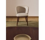 Ciselia armchair in thick beige chenille with ash wood legs and walnut tone finish