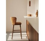 Ciselia thick terracotta chenille stool with ash wood legs and walnut tone finish 75 cm