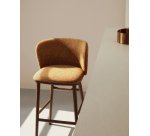 Ciselia thick terracotta chenille stool with ash wood legs and walnut tone finish 75 cm