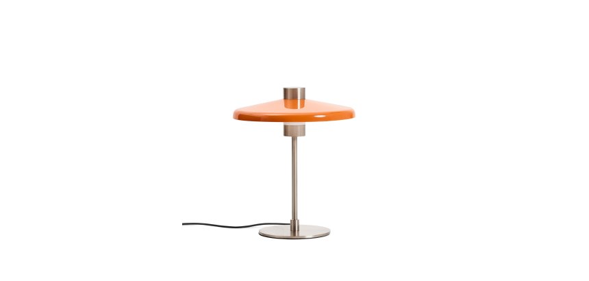 Nuvira table lamp in light grey brushed metal and orange lampshade