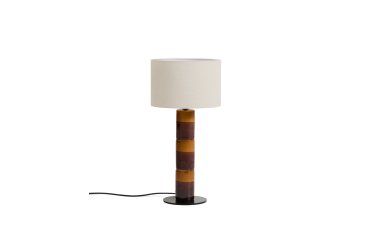 Lampe de table Mavran avec pied en céramique couleur marron et moutarde et abat-jour en coton