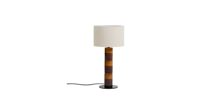 Lampada da tavolo Mavran con base in ceramica marrone e senape e paralume in cotone