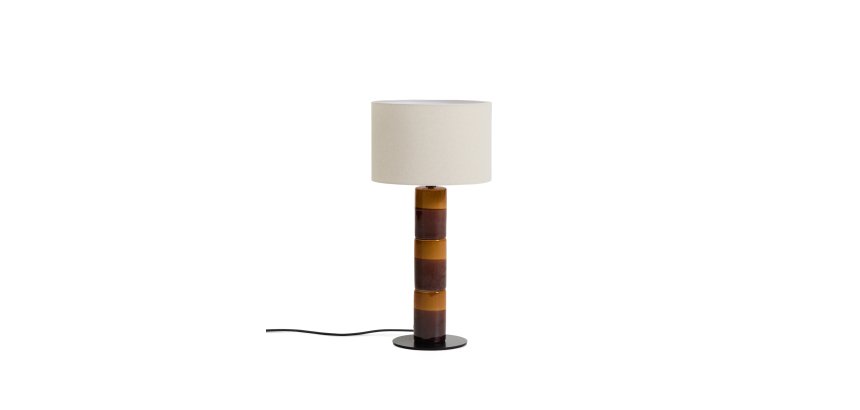 Lampe de table Mavran avec pied en céramique couleur marron et moutarde et abat-jour en coton