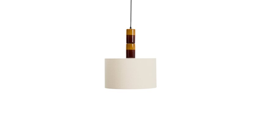 Lampada da soffitto Mavran in ceramica marrone e senape con paralume in cotone