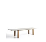 Table extensible Livorno en aluminium couleur écrue et pieds effet bois 233(350) x 100 cm
