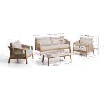Ensemble d’extérieur Sirte avec canapé 3 places, 2 fauteuils et table en aluminium avec finition effet bois et coussins écrus