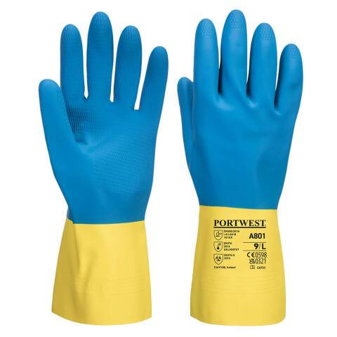 Portwest A801 Guante de látex de doble capa Jaune/Bleu - Talla S