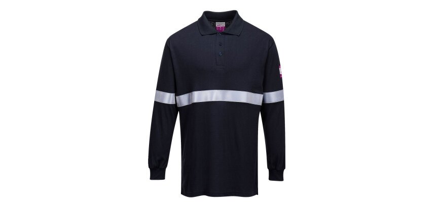Portwest FR03 Vlamvertragende Modaflame Antistatische lange mouw poloshirt met reflecterende striping