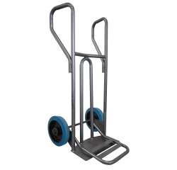 Diable acier tablier incurvé poignée fermée 400 kg roues caoutchouc bleu, bavette rabattable