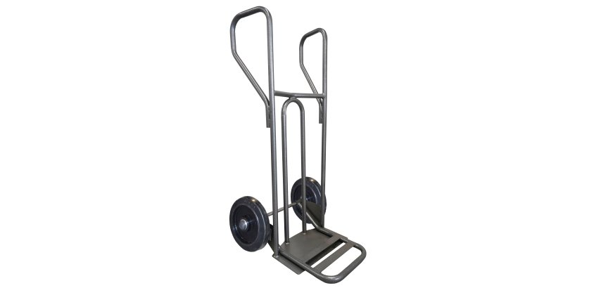 Diable acier tablier incurvé poignée fermée 250 kg roues caoutchouc noir, bavette rabattable