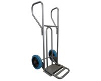 Diable acier tablier incurvé poignée fermée 250 kg roues caoutchouc bleu, bavette rabattable
