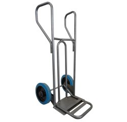 Diable acier tablier incurvé poignée fermée 250 kg roues caoutchouc bleu, bavette rabattable