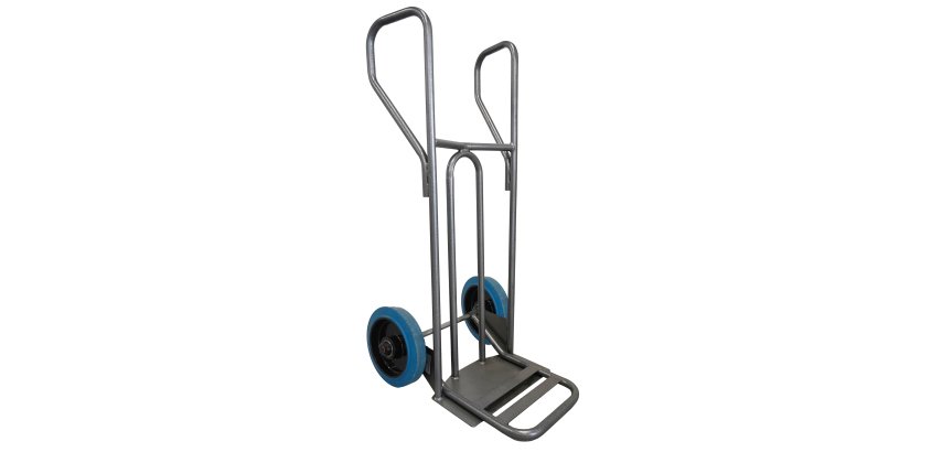Diable acier tablier incurvé poignée fermée 250 kg roues caoutchouc bleu, bavette rabattable