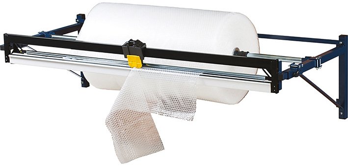 Dérouleur / coupeur pour papier, film à bulle et mousse horizontal longueur maxi rouleau 1550 mm
