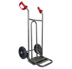 Diable acier tablier incurvé poignée ouverte 250 kg roues caoutchouc noir, bavette rabattable