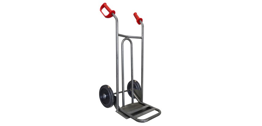 Diable acier tablier incurvé poignée ouverte 250 kg roues caoutchouc noir, bavette rabattable