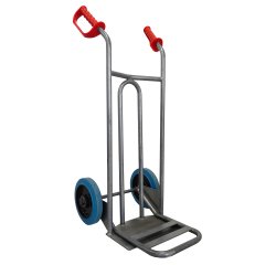 Diable acier tablier incurvé poignée ouverte 250 kg roues caoutchouc bleu, bavette rabattable