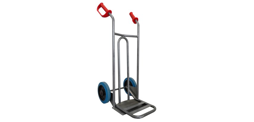 Diable acier tablier incurvé poignée ouverte 250 kg roues caoutchouc bleu, bavette rabattable
