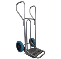Diable acier tablier incurvé poignée fermée grande pelle 250 kg roues caoutchouc bleu, bavette rabattable