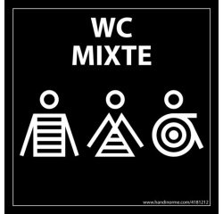 Panneau signalétique Homme+Femme+PMR + "WC Mixte" Marinière - 125 x 125 mm - noir