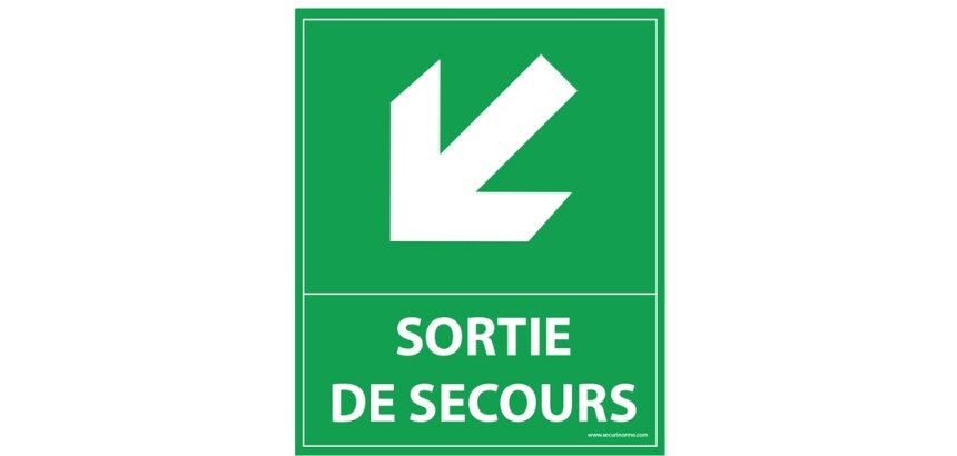 Panneau sortie de secours - flèche bas à gauche - 300 x 250 mm
