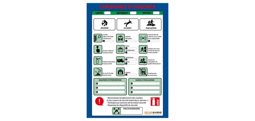Poster plastifié - Consignes d'urgence - format A3