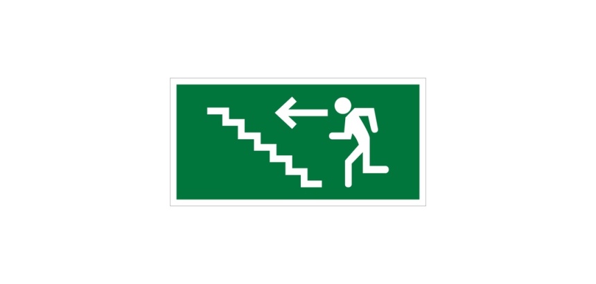 Panneau d'évacuation - Homme montant escalier, flèche gauche